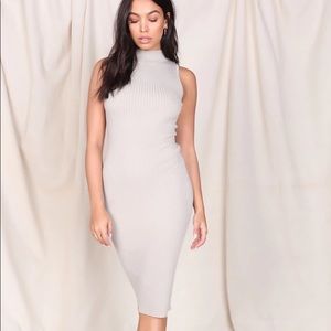 Adriana Mock Neck Ribbed Midi Dress - Taupe